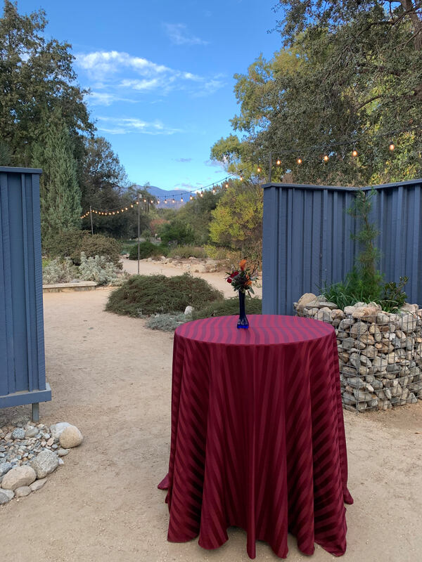 Picture of cocktail table with floor length linen at the Sage Gallery in the California Botanic Garden